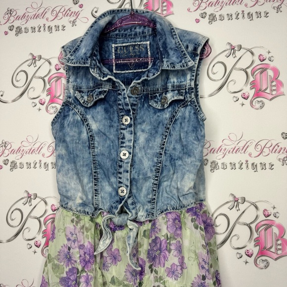 Guess dress high low denim look vest button up with floral skirt attached y2k - Picture 2 of 10